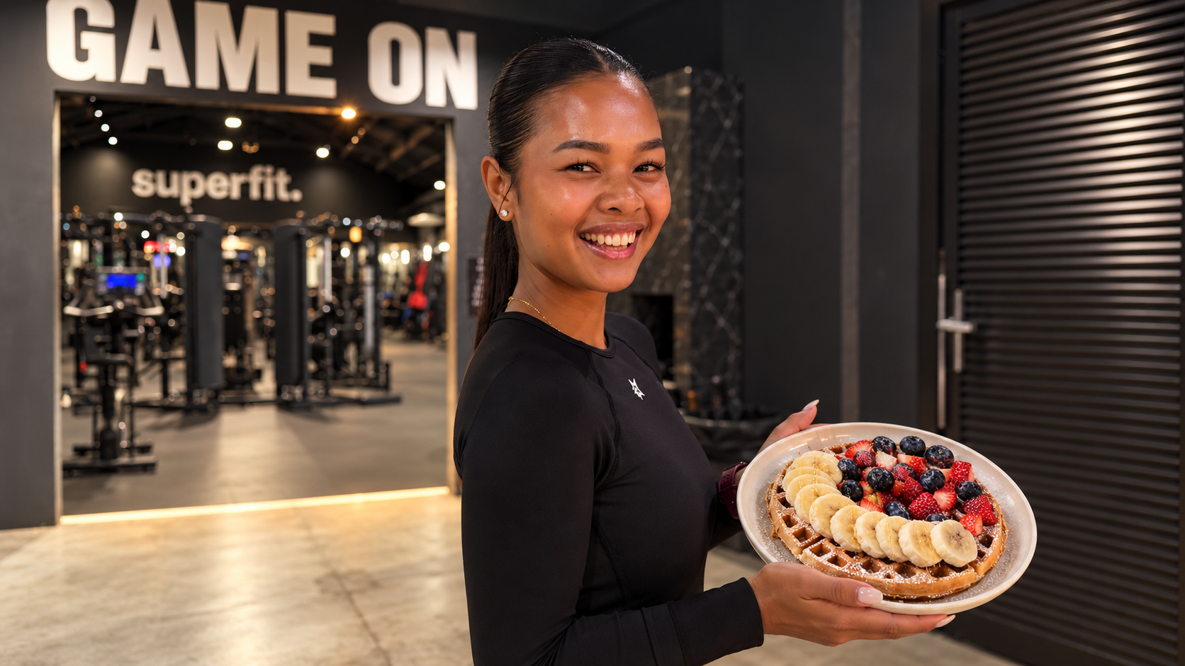 Superfit team member holding a waffle plate at the gym entrance
